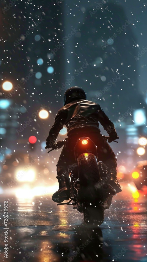 A person riding a motorcycle in the rain at night. Generative AI.