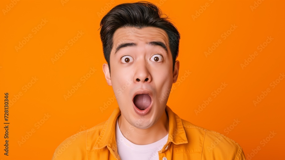 Portrait of a Surprised Young Asian Man on Orange Background. Generative AI. Portrait of a Surprised Young Asian Man on Orange Background. Generative AI.