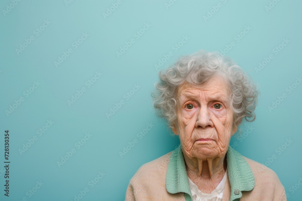 Portrait of an Elderly Woman with a Worried Expression on Turquoise Background. Generative AI. Portrait of an Elderly Woman with a Worried Expression on Turquoise Background. Generative AI.