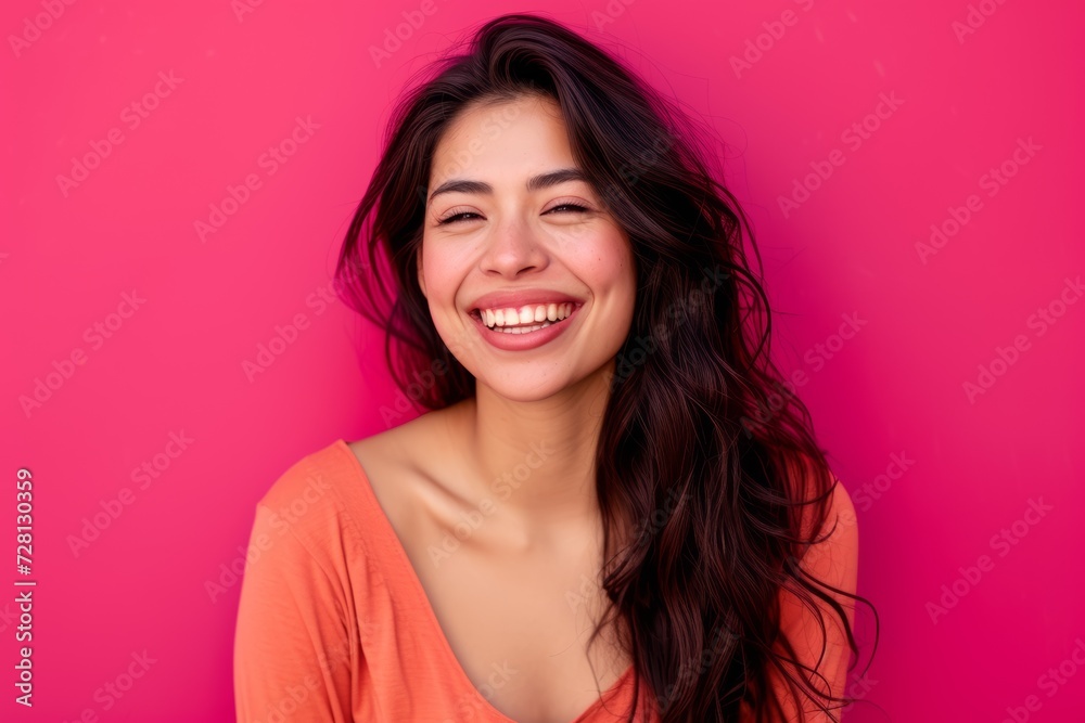 Fototapeta premium Portrait of a Joyful Young Woman Laughing on Pink Background. Generative AI.