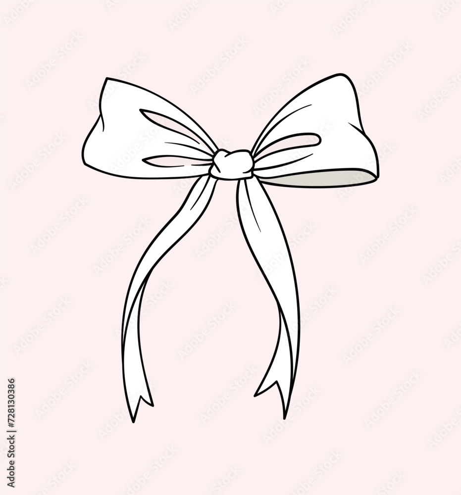 Linear white bow concept. Decoration for gift, present boxes and clothes. Minimalistic creativity and art. Template and layout. Outline flat vector illustration isolated on pink background Linear white bow concept. Decoration for gift, present boxes and clothes. Minimalistic creativity and art. Template and layout. Outline flat vector illustration isolated on pink background