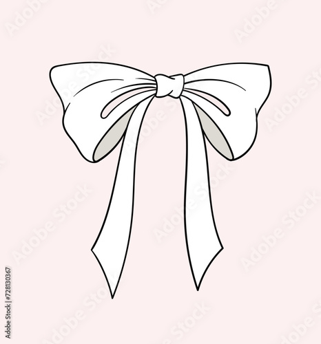 Linear white bow concept. Decoration for gift, present boxes and clothes. Sticker for social networks and messengers. Outline flat vector illustration isolated on pink background