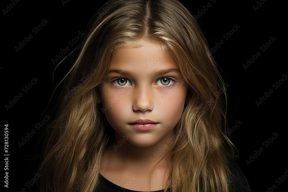 Portrait of a beautiful little girl with long hair on a black background. Portrait of a beautiful little girl with long hair on a black background.