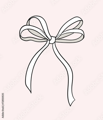 Linear white bow concept. Decoration for gift, present boxes and clothes. Elegance and aesthetics. Fashion and style. Outline flat vector illustration isolated on pink background