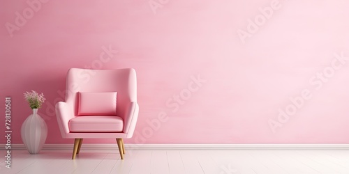 Minimal concept with a pink chair in a living room space against a pink and white background.