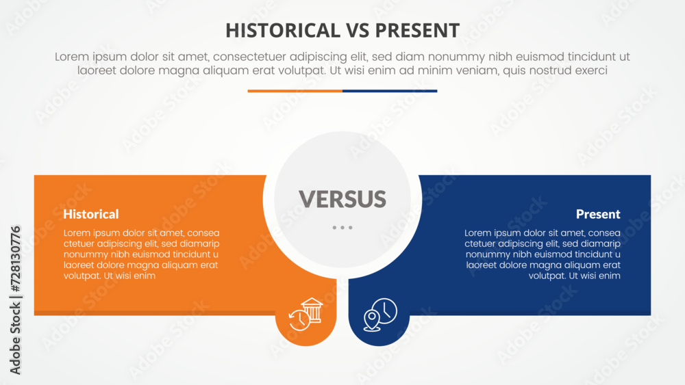 historical vs present versus comparison opposite infographic concept for slide presentation with circle center and creative rectangle box with flat style