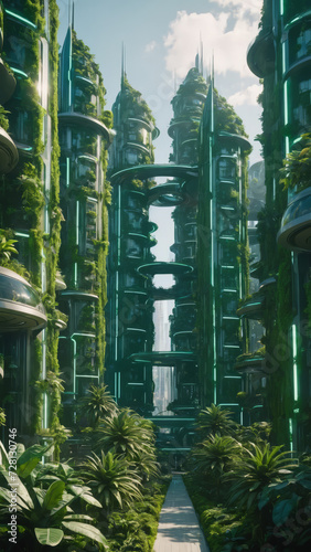 World earth day concept of a green futuristic city, eco city with plants and trees, futuristic sustainable city concept, sustainability, green planet, safe mother earth, green future, nature © aiximagination