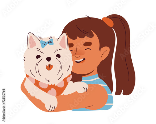 Children hug dog concept. Young girl with puppy in hands. Love and care for domestic animals. Social networks sticker. Cartoon flat vector illustration isolated on white background