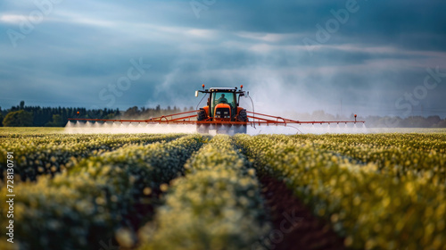 A large agricultural tractor equipped with a spray nozzle. A tractor moves through a field with crops