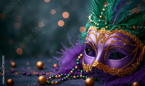  Mardi Gras carnival mask and beads on purple background