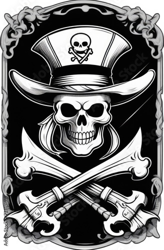 Jolly Roger sign with two crossed sabers. Bones and scull piratic emblem, engraving illustration.