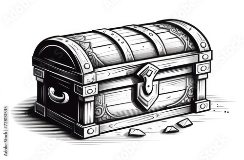 closed piratic treasure chest on white background, vintage engraving black and white illustration.