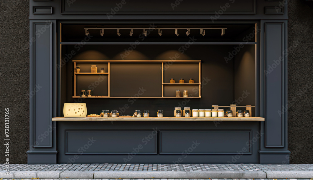 A shop front with a plain wall and a showcase for displaying products or promotional items A shop front with a plain wall and a showcase for displaying products or promotional items