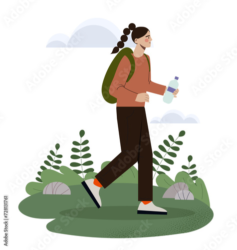 Traveler at hiking concept. Woman with backpack and bottle of water. Active lifestyle and leisure. Travel and tourism. Poster or banner. Cartoon flat vector illustration isolated on white background