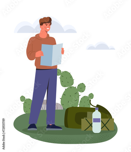 Traveler at hiking concept. Man with backpack and map. Active lifestyle and leisure. Travel and tourism. Social media sticker. Cartoon flat vector illustration isolated on white background