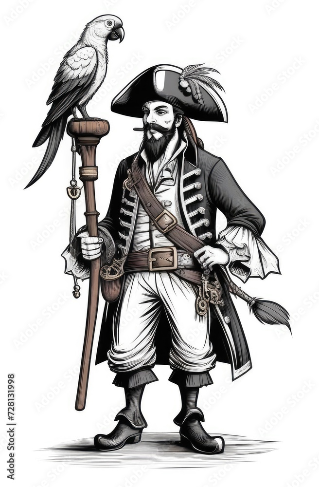 Obraz premium corsair holding parrot. black and white pirate engraving illustration on white background
