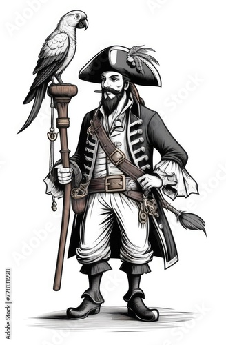 corsair holding parrot. black and white pirate engraving illustration on white background © Artem Zatsepilin