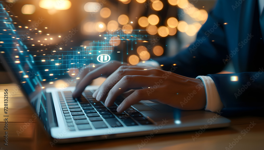 business man using a laptop with an icon on top of the screen business man using a laptop with an icon on top of the screen