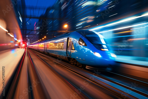 A blue high-speed train at night, surrounding blur