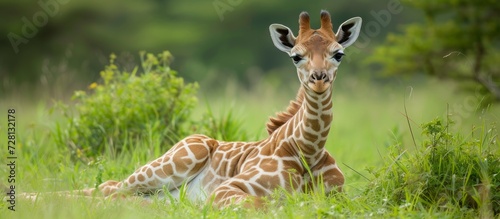 Image  Young Giraffe Serenely Lying and Grazing in the Lush Green Grass