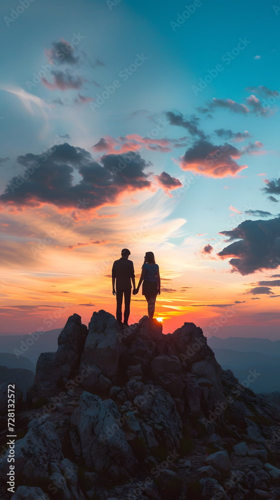 couple holding hands on top of a mountain at sunset concept 