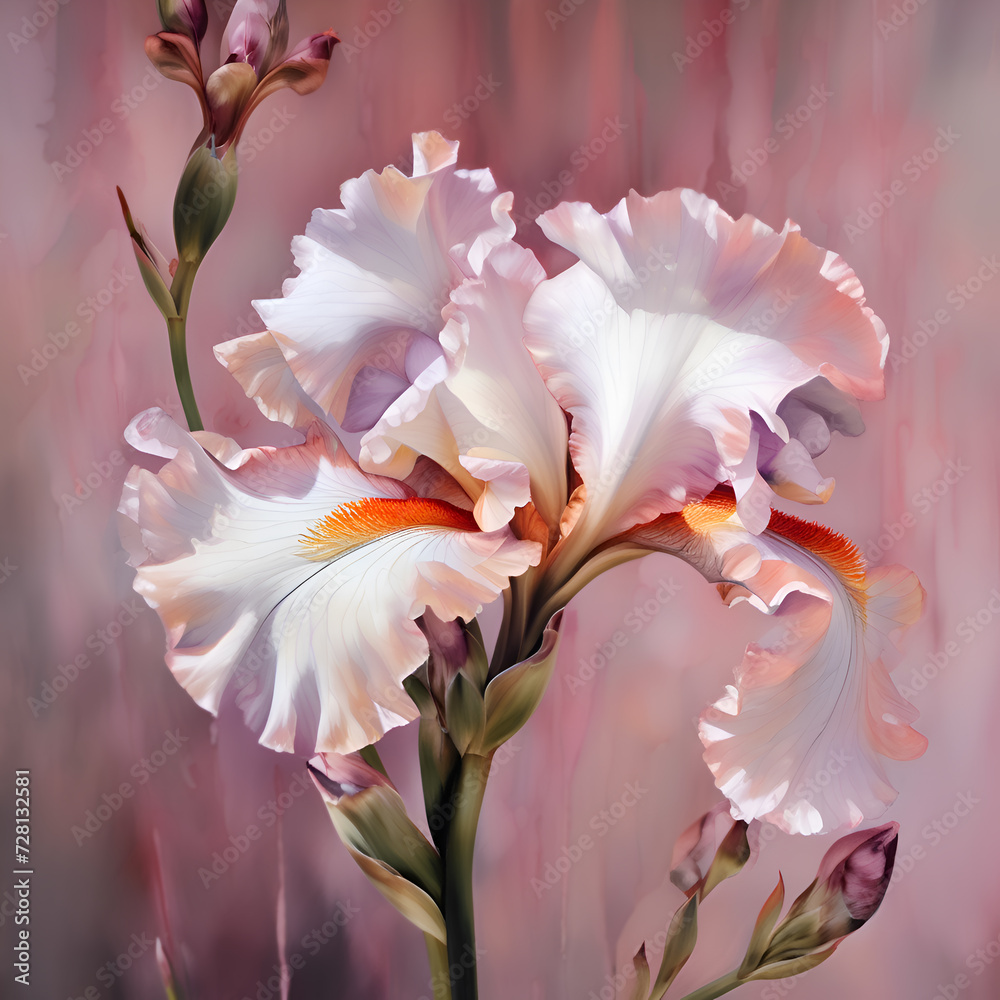 beautiful art with white peach fuzz-pink  iris flower against pink abstract  background. close up. paint watercolor style. Ai genarated