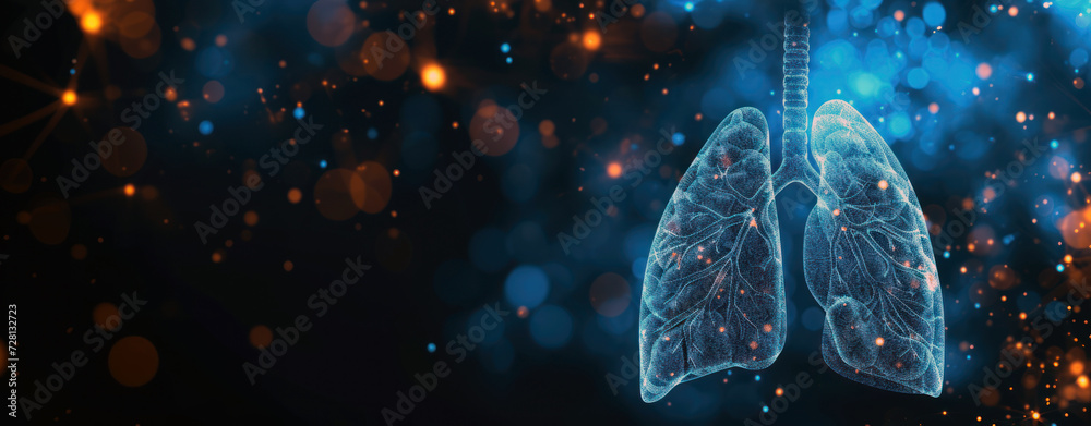 Human lungs with bronchial tree on blue background with bokeh effect. Breathing concept - obrazy, fototapety, plakaty 