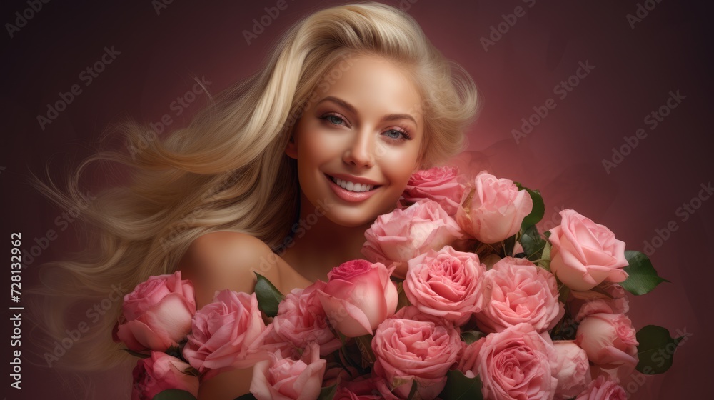 Cute happy smiling blonde young girl with a huge bouquet of pink roses. AI Generated Cute happy smiling blonde young girl with a huge bouquet of pink roses. AI Generated