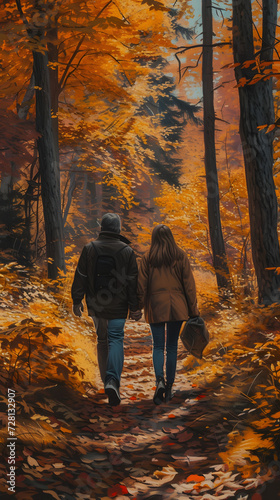 couple in orange jacket walking handinhand through autumn forest  © Lin_Studio