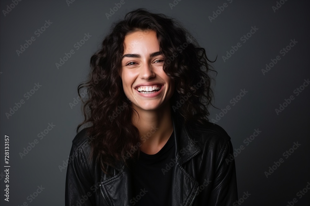 Portrait of a smiling young man in leather jacket on dark background Portrait of a smiling young man in leather jacket on dark background