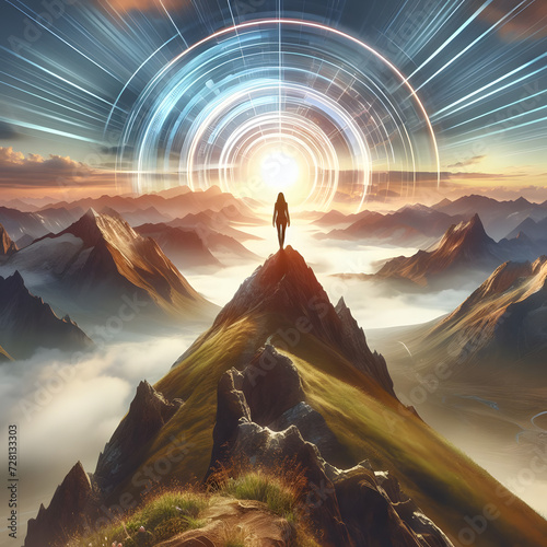 Futuristic Vision: Silhouette of a Person on a Mountain Peak with Cosmic Energy Rings
