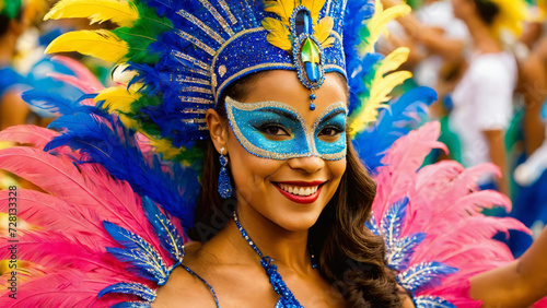 a portrait of a happy and beautiful Brazilian carnival lady, long hair, dark makeup, Brazilian carnival costume, colourful