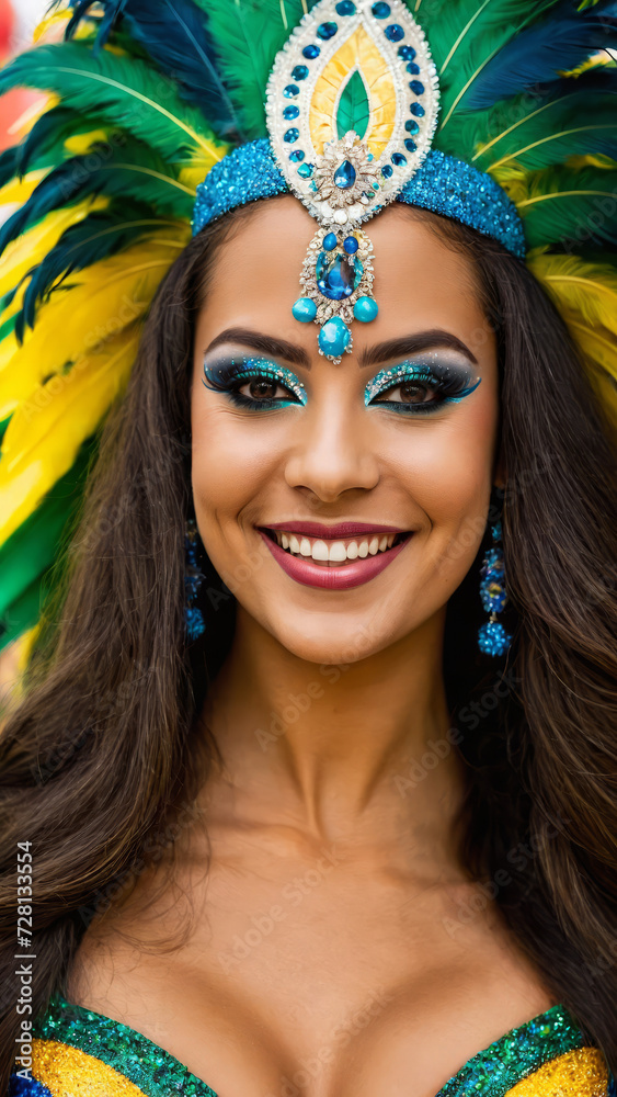 Fototapeta premium a portrait of a happy and beautiful Brazilian carnival lady, long hair, dark makeup, Brazilian carnival costume, colourful