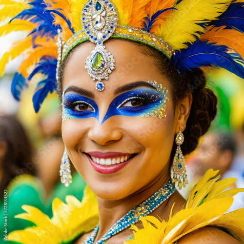 a portrait of a happy and beautiful Brazilian carnival lady, long hair, dark makeup, Brazilian carnival costume, colourful © aiximagination