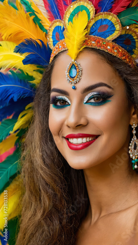 a portrait of a happy and beautiful Brazilian carnival lady, long hair, dark makeup, Brazilian carnival costume, colourful