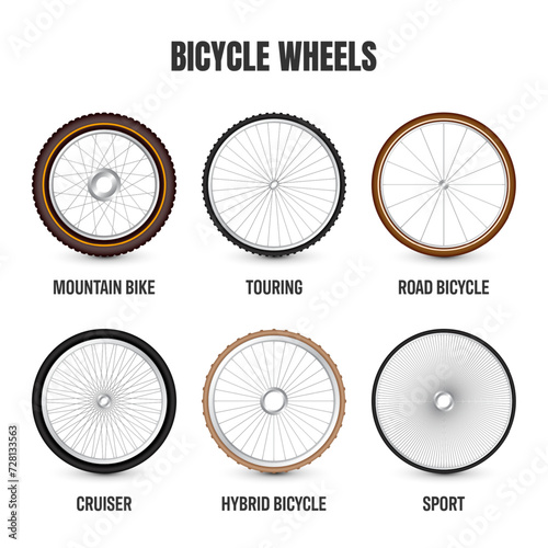 Realistic 3d retro bicycle wheels. Vintage bike rubber tyres, shiny metal spokes and rims. Fitness cycle, touring, sport, road and mountain bike. Vector illustration