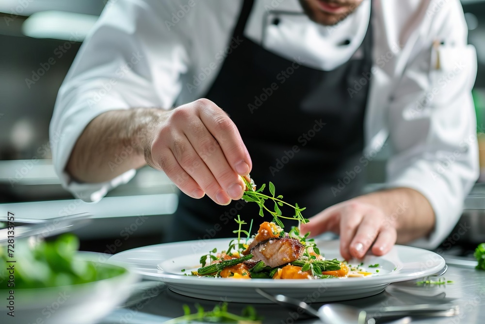 Chef garnishing a gourmet dish with fresh herbs in a high-end restaurant kitchen
