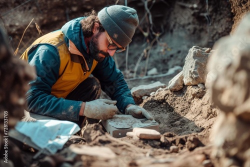 Archaeologist examining ancient artifacts at a dig site Uncovering history and culture