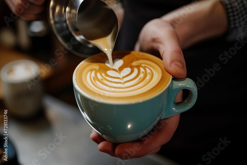 Barista creating latte art in a freshly brewed cup of coffee With a cozy caf ambiance