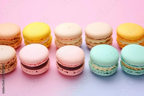 Colorful macarons arranged neatly on a pastel background Showcasing a variety of flavors