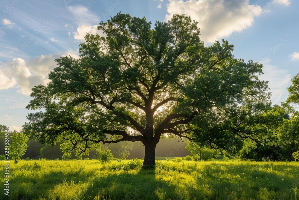 Fototapeta premium Majestic oak tree standing alone in a verdant meadow With sunlight filtering through the branches
