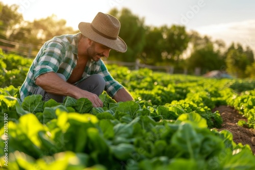 Farmer harvesting organic vegetables in a field Showcasing sustainability and agriculture © Jelena