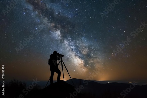 Night photographer capturing the milky way in a remote location Camera on a tripod under a star-filled sky