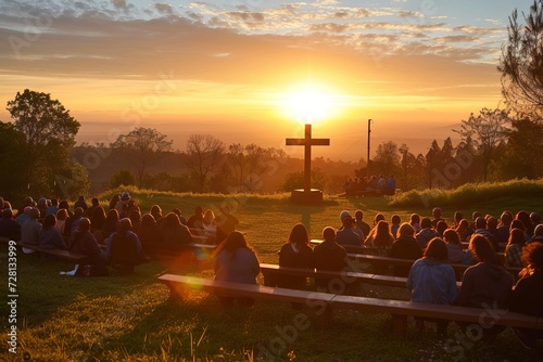 Serene sunrise service with a congregation gathered outdoors Celebrating easter with hope and joy