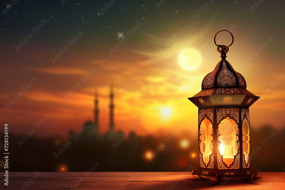 Muslim holy month of Ramadan Kareem - decorative arabic lantern with burning candle glowing in the evening Muslim holy month of Ramadan Kareem - decorative arabic lantern with burning candle glowing in the evening