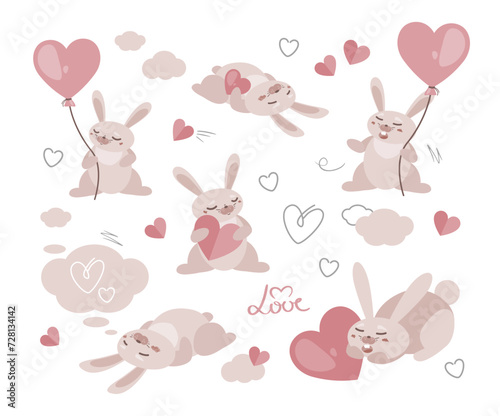 Many cute bunnies with heart icons vector set. Valentine's Day celebration. Lovely rabbits. Cartoon style sleepy animals signs. Decorative elements for festive card design, advertising layout, print