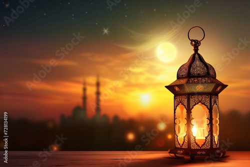 Muslim holy month of Ramadan Kareem - decorative arabic lantern with burning candle glowing in the evening