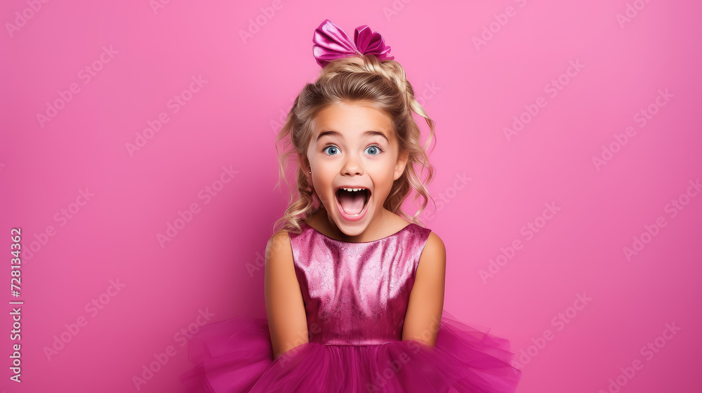 beautiful little girl in a pink dress is surprised, holds her hands to her face on a crimson background, child, childhood, teenager, kid, portrait, shock, emotional face beautiful little girl in a pink dress is surprised, holds her hands to her face on a crimson background, child, childhood, teenager, kid, portrait, shock, emotional face