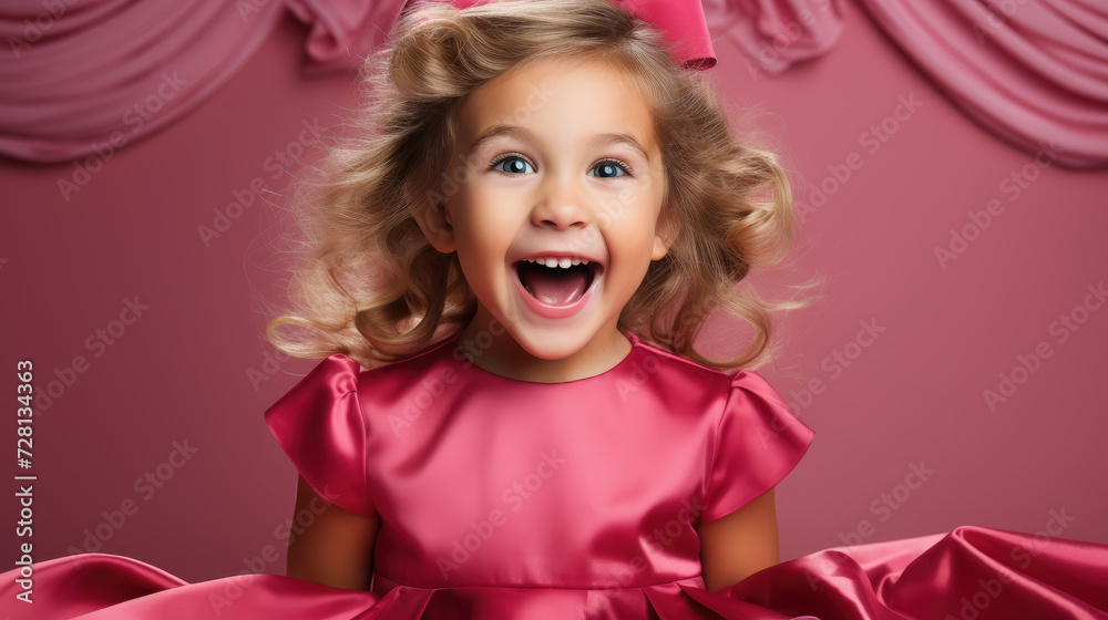 beautiful little girl in a pink dress is surprised, holds her hands to her face on a crimson background, child, childhood, teenager, kid, portrait, shock, emotional face beautiful little girl in a pink dress is surprised, holds her hands to her face on a crimson background, child, childhood, teenager, kid, portrait, shock, emotional face