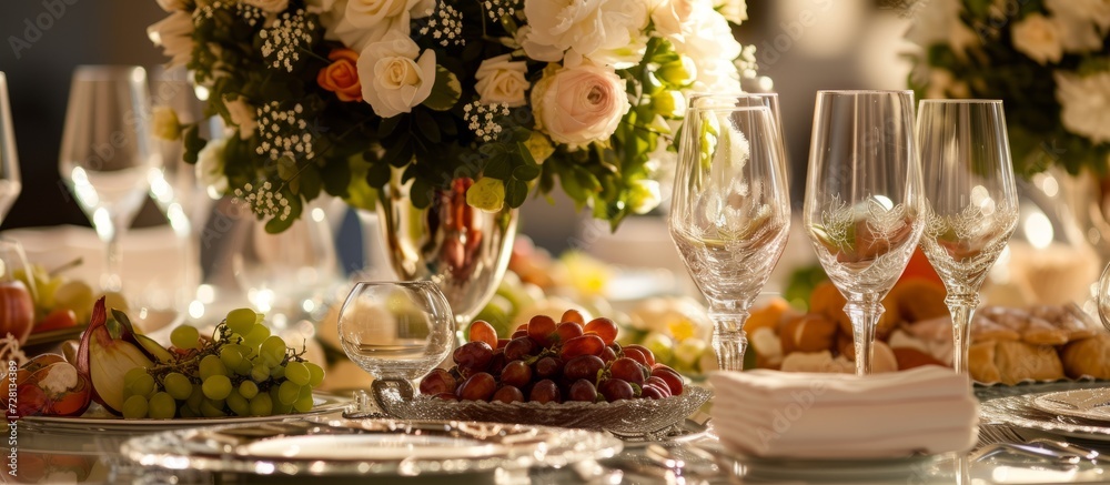 Exquisite Glass Table Setting: Showcasing Sophisticated Glassware, Exquisite Table Decor, and Tempting Gourmet Food